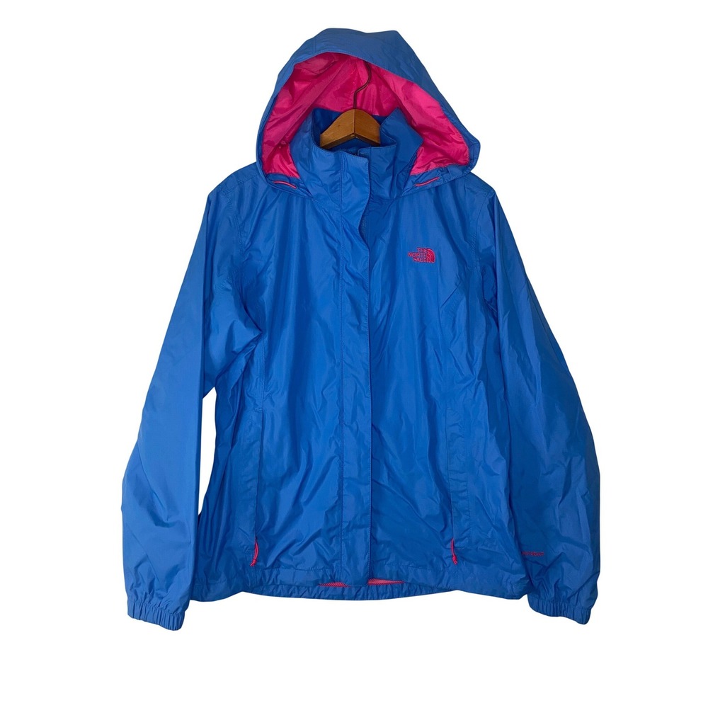The North Face HyVent Rain Jacket Blue Pink Hooded Waterproof Windbreaker Large